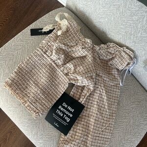 Lulus Beige Plaid Ruffle Top XL
